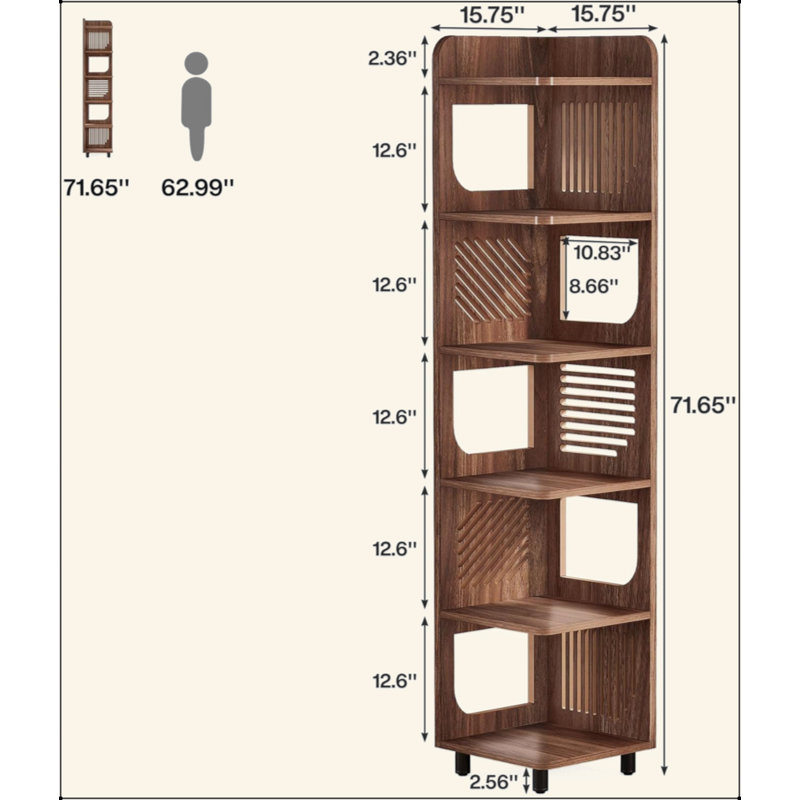 6-Tier Narrow Corner Bookshelf, 90-Degree Corner Storage Shelf for Living Room Office Bedroom