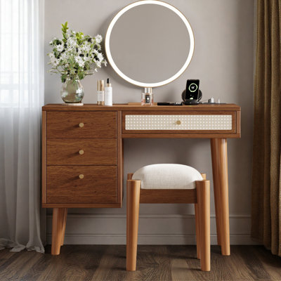 Medium Walnut Makeup Vanity With Charging Plug&usb Port And Drawer