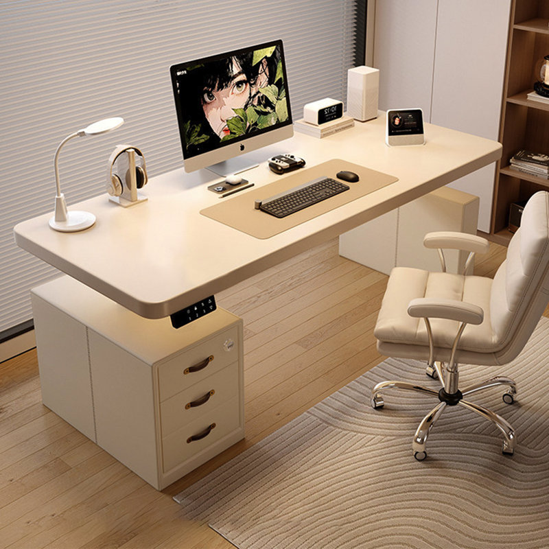 Bureau électrique à hauteur réglable en cuir à deux moteurs Modern Luxury (avec armoire à tiroirs) - 3 options de bureau disponibles