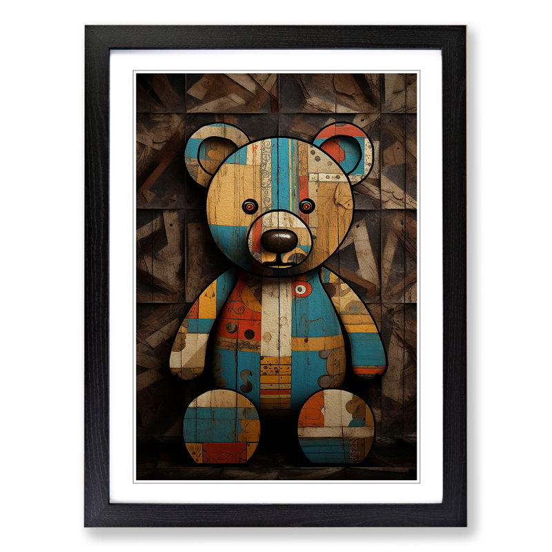 XYZ-FRM-V1223-1616 Teddy Bear Art Deco - Single Picture Frame Print on Wood, 64cm H x 46cm W x 2cm D, Black 