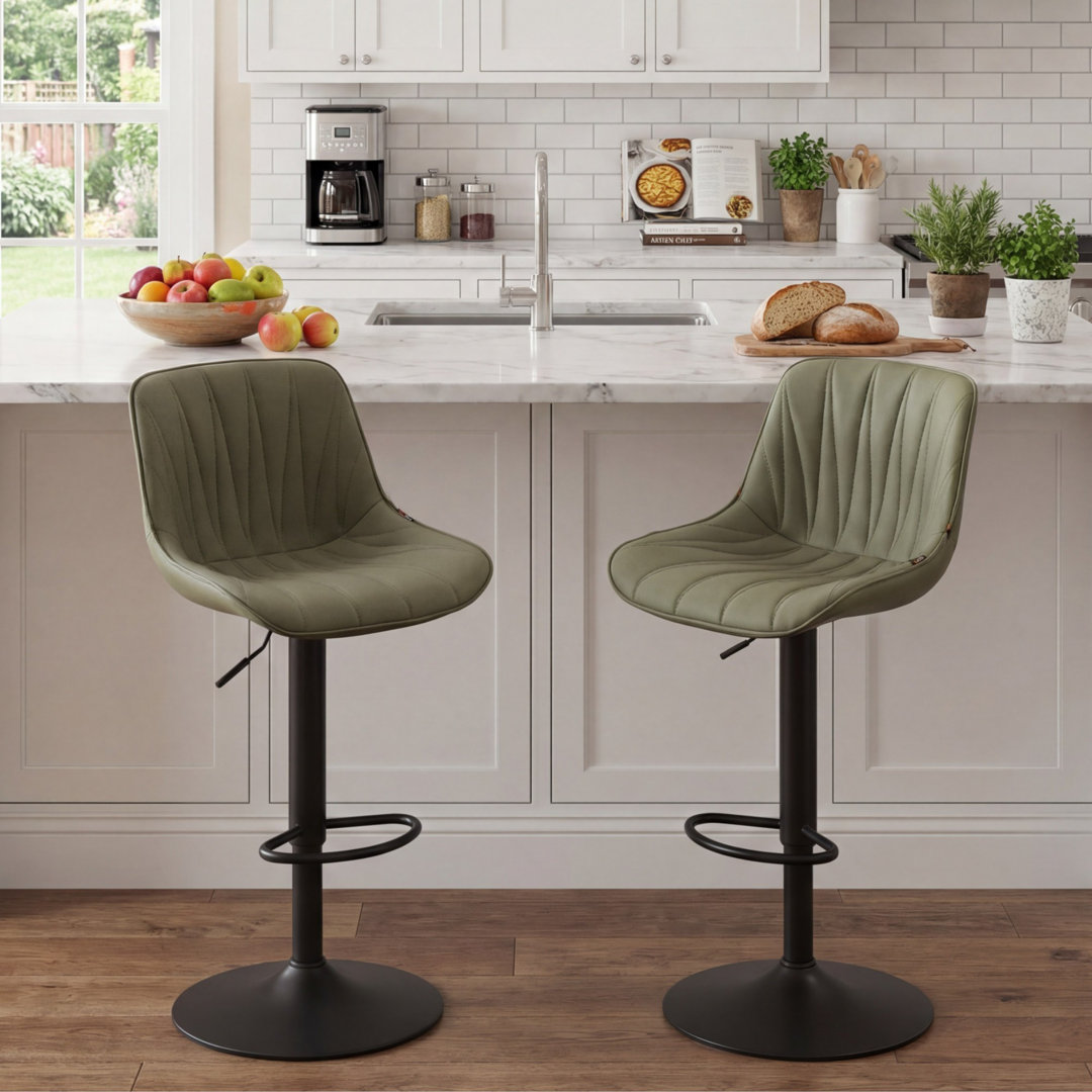 Modern Height Adjustable Swivel Bar Stools Upholstered Leather Barstool Kitchen Island Chairs with Metal Frame (Set of 2) George Oliver 