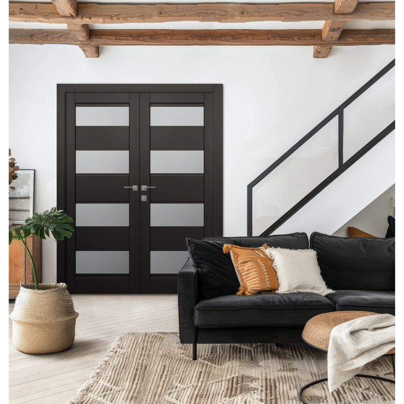 Porte double standard en bois manufacturé et en verre Della, 63,5 po x 79,37 po, Gauche, Blanc noble