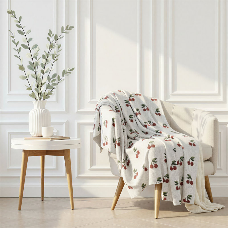 Cotton Knit Throw Blanket With Cherry Motif