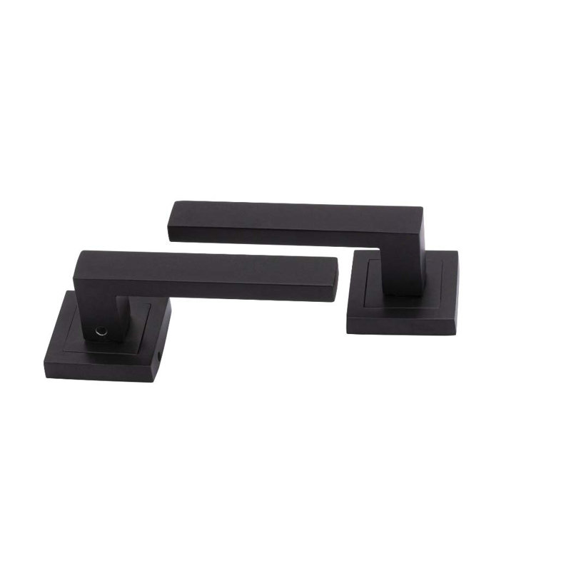 1 Pair Delta Door Handles on Square Rose in Satin Stainless Steel Finish with Tubular Latches & Hinges