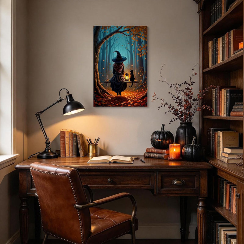 Fantasy Witch Canvas Wall Art Gothic Autumn Forest Black Cat Painting