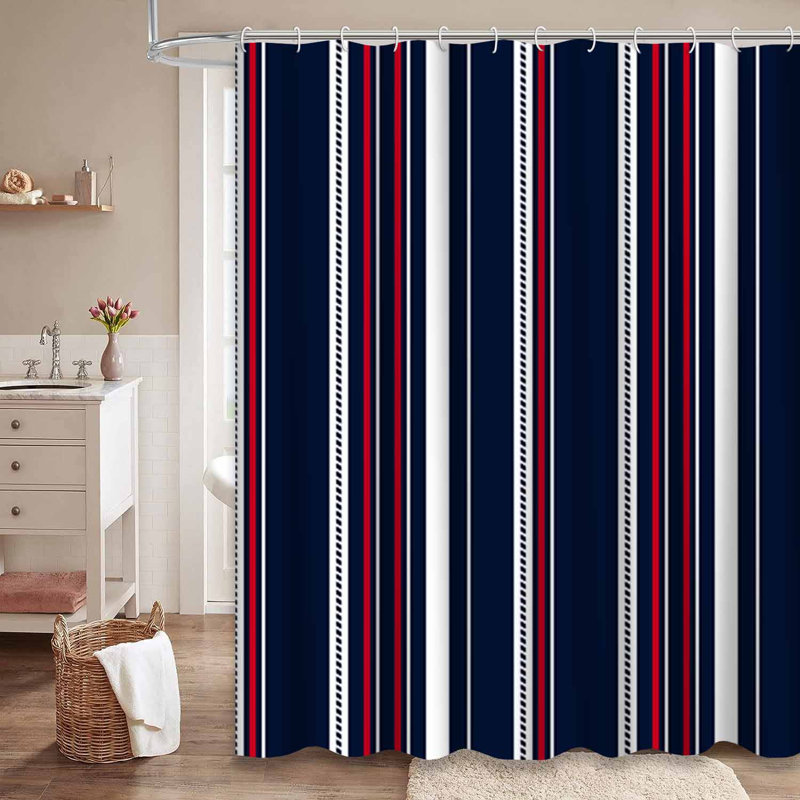 Rideau de douche rayé bleu rouge blanc marine avec 12 crochets, L 72 po x l 72 po