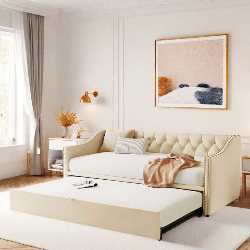 Lit de jour rembourré avec lit gigogne, Beige