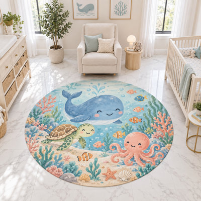 "Ultra Thin" 6' x 6' Whale Turtle Octopus Ocean Round Area Rug, Soft Low Pile Indoor Rug with Non-Slip Silicone Backing for Nursery, Kids Room and Playroom Decor