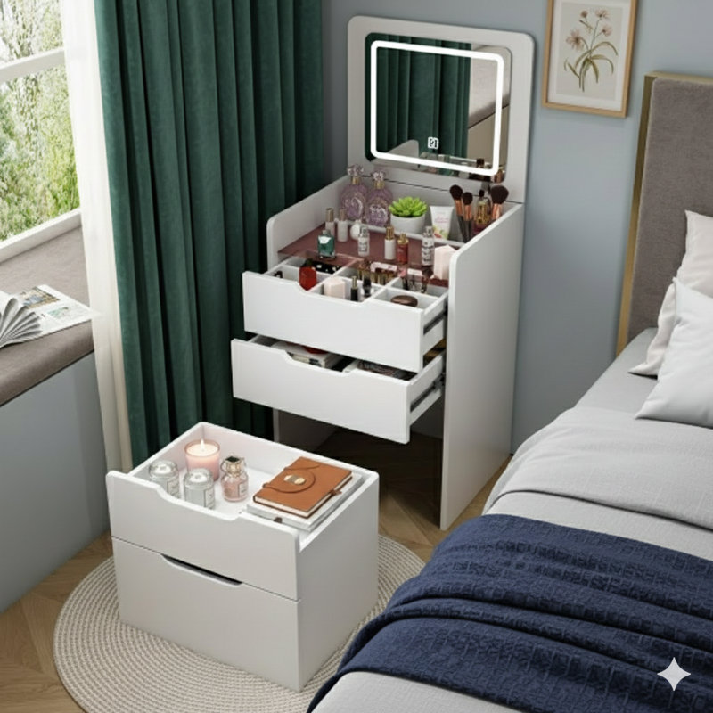 (48CM) 3-In-1 Vanity Desk With A Flip-Top Mirror. A Small Makeup Vanity Set With A Visible Glass Desktop, Compact Design With Three Drawers. Serves As A Dressing Table For Bedrooms, In White Color.