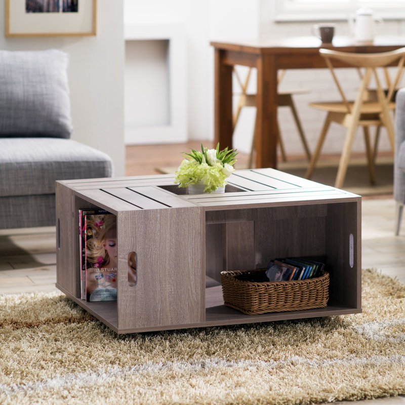 Wheel Coffee Table with Storage, Weathered Wood