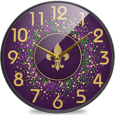 Naanle Mardi Gras Holiday Fleur De Lis Round Wall Clock, 12 Inch Silent Battery Operated Quartz Analog Quiet Desk Clock For Home,Office,School