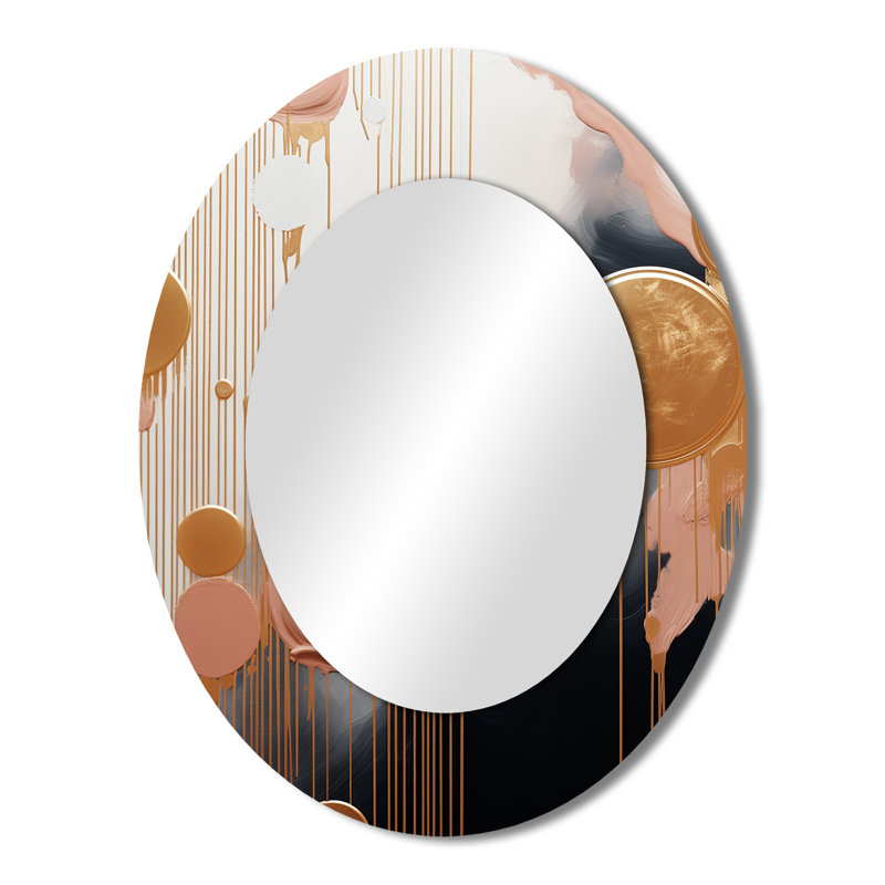 Gold And White Abstract Shapes Harmony IV - Modern Oval Wall Mirror, 43" x 33"
