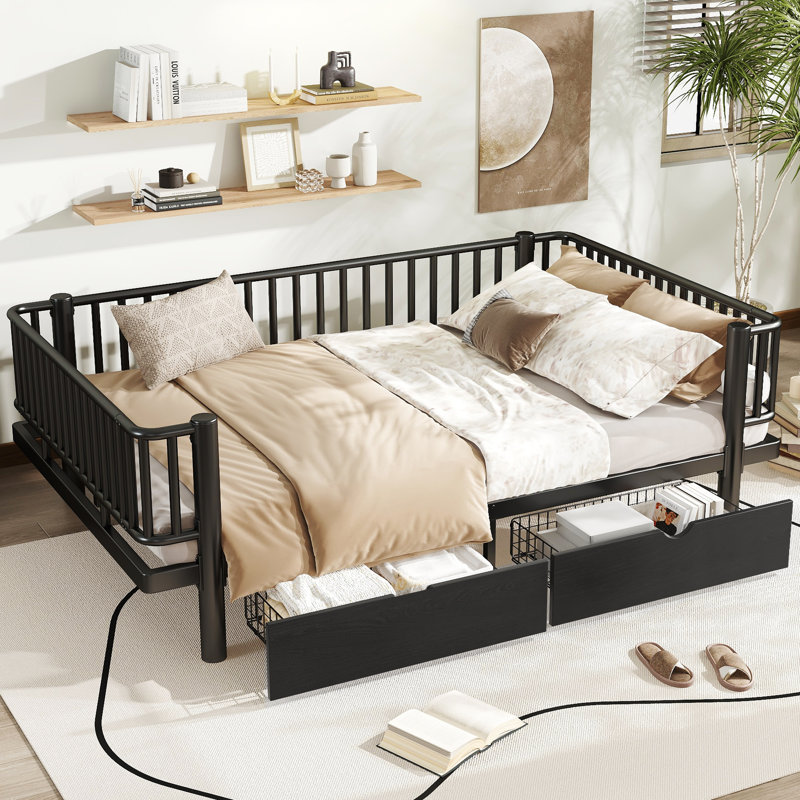 Metal Full Daybed Frame with 2 Storage Drawers & Detachable Fence, Can be Transformed into Platform Bed,Safety Round-Pipe Design, Black