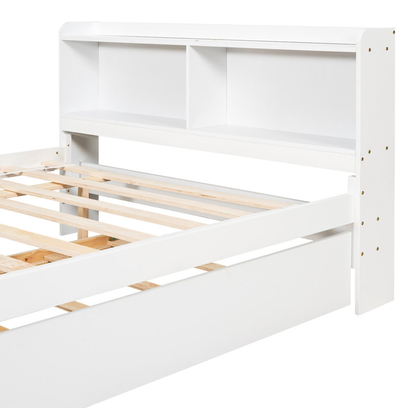 Lit plateforme double avec lit gigogne, tête de lit bibliothèque et compartiments de rangement, White