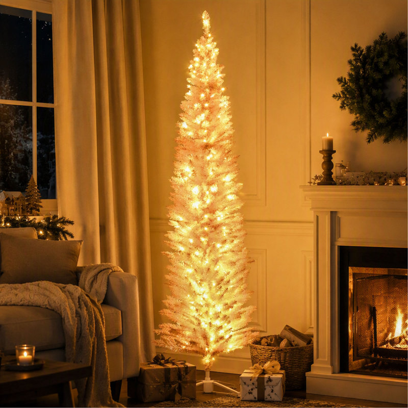 Sapin de Noël artificiel Noble Fir élancé, pré-illuminé, de 2,13 m (7 pi), avec 200 lumières DEL blanc chaud et 499 branches, finition rose, idéal pour les décorations de Noël.