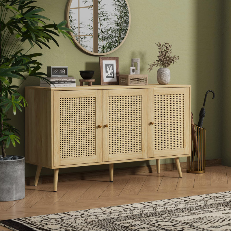 Buffet 47,2 "en rotin moderne avec tablettes réglables, console de rangement pour la cuisine et la salle à manger, Beige