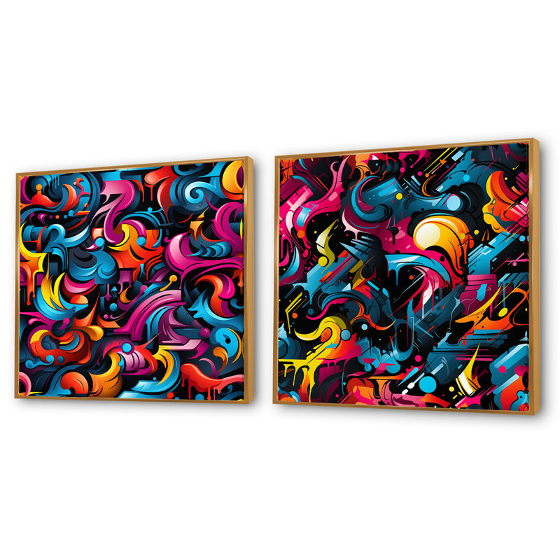 Popart Neon Graffiti Fusion III - ensemble de 2 collages de formes abstraites carrées, Cadre flottant doré, H 36 po x l 73 po