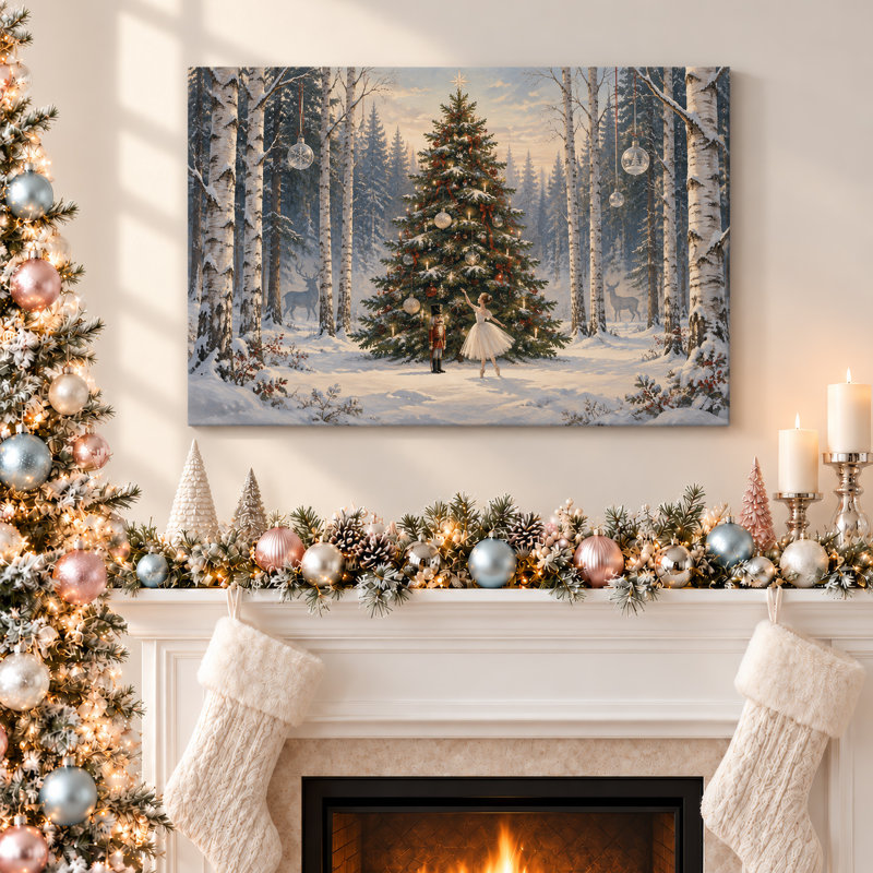" Nutcracker Ballerina by Tree in Snowy Forest Christmas " Painting, H 16 po x l 24 po