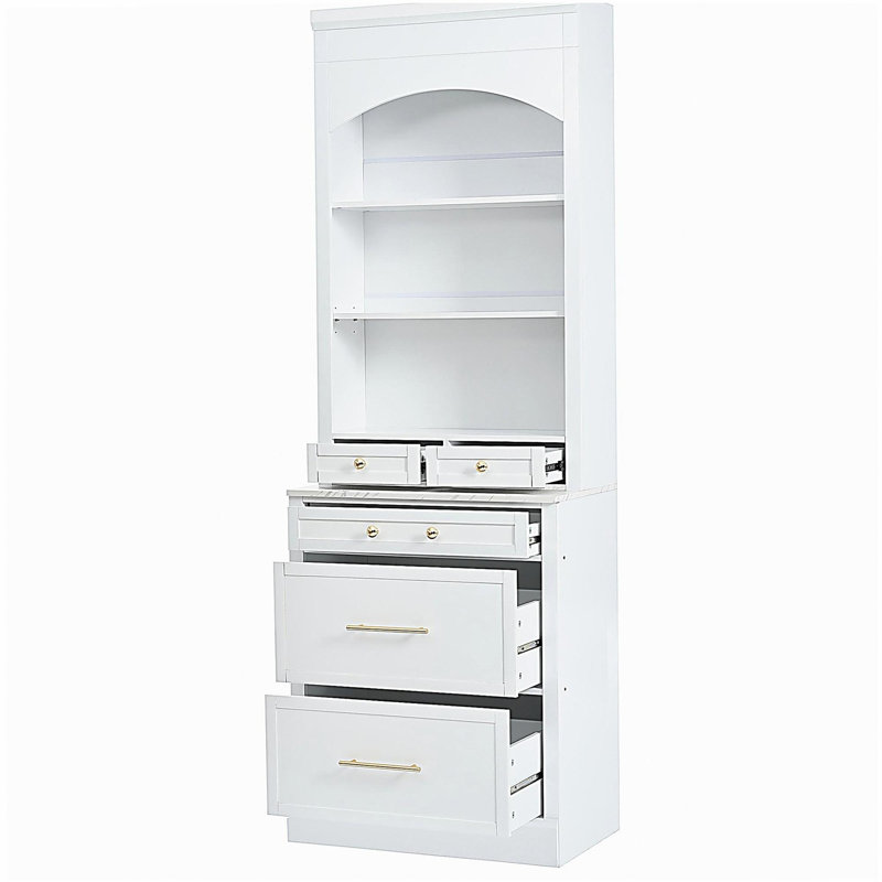 [Vidéo d'assemblage fournie] Armoire de rangement moderne de 83,7 pouces de hauteur, armoire de cuisine indépendante haute, surface supérieure en marbre, avec 5 tiroirs de rangement et 2 tablettes réglables, blanc