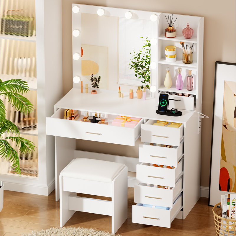 Elowen 90cm Wide Dressing Table with Led Mirror & Power Outlet, 7 Drawers and 3 Shelves