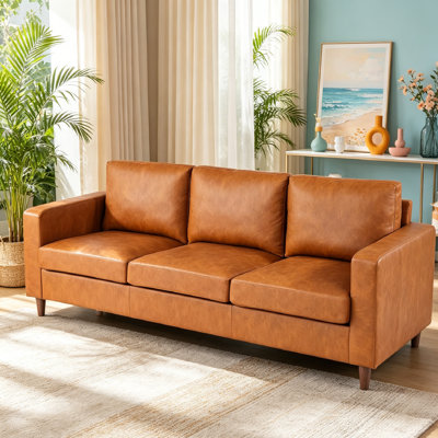 31.5"D x 83.07"W x 31.5"H PU Leather Sofa, Mid Century Modern PU Leather Sofa, 3 Seater Couch with Deep Seat & Cushions, Faux Leather Living Room Sofa for Apartment, Bedroom, Office .