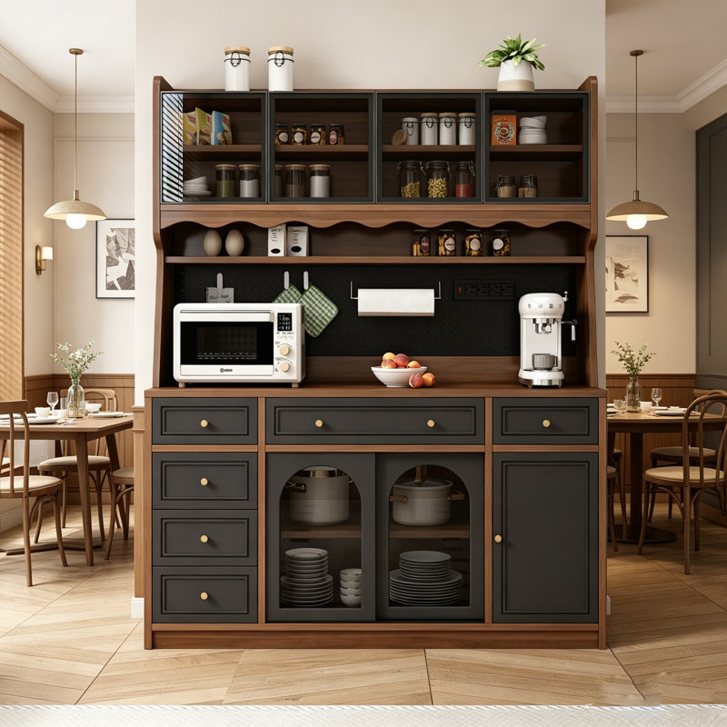 Buffet très large 63 po avec huche, garde-manger autoportant et bar à café avec prise de courant, panneau perforé et portes en verre