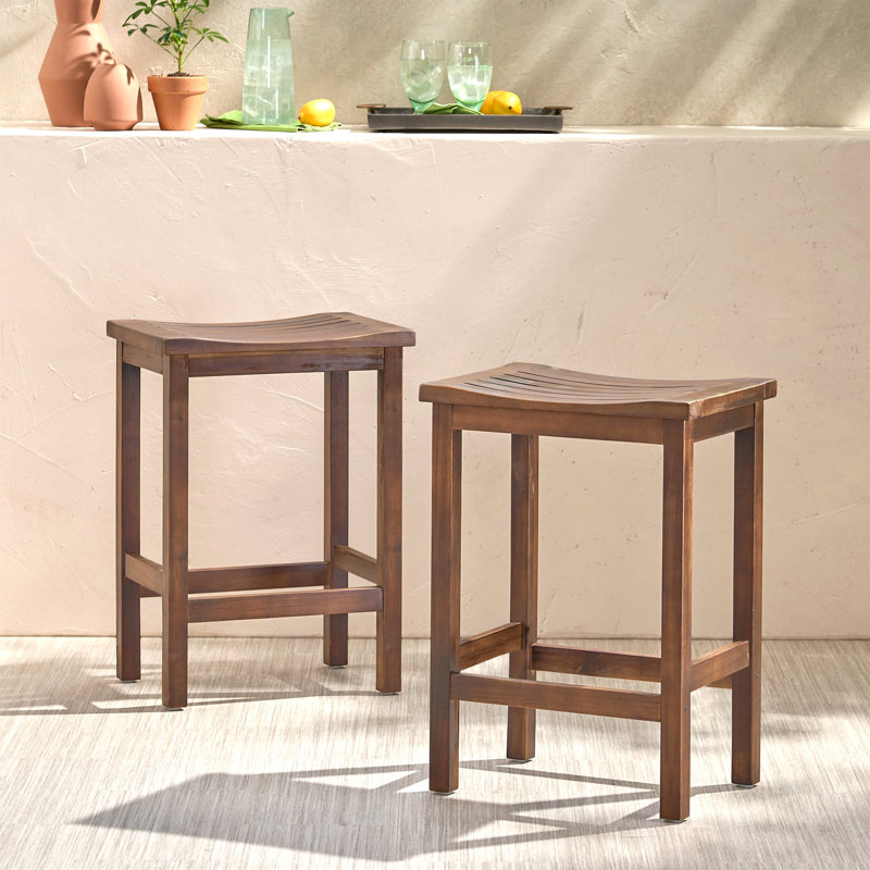 Outdoor Acacia Wood Counter Height Barstool, Set Of 2, Mahogany Brown Finish