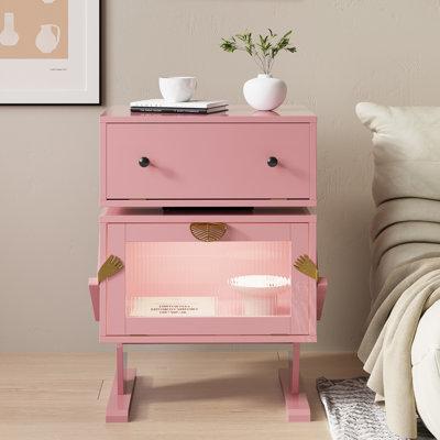 Table de chevet rose en forme de robot avec lumière DEL télécommandée, compartiment supérieur pivotant à 360° et porte de rangement en verre, table d'appoint décorative pour chambre, bébé ou salon