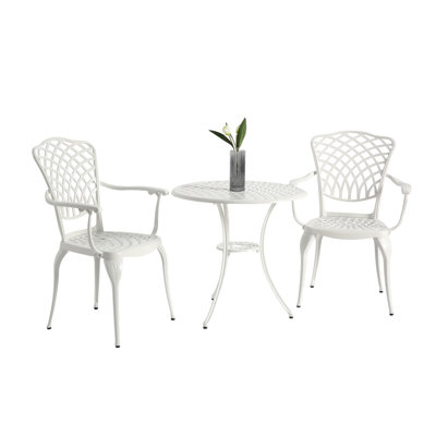Ensemble de 3 bistro de patio - table et chaises en aluminium coulé blanc avec trou pour parasol, résistance à la rouille, extérieur et chaises, blanc