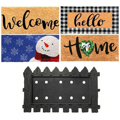 Fun Welcome Mat Tray Set - Rubber Door Mat With 4 Interchangeable Coir Inserts