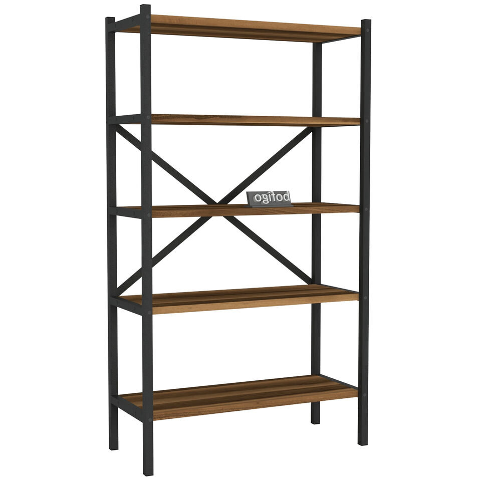5-Shelf Wood Bookcase Unit With Metal Frame Home Décor Storage and Shelving