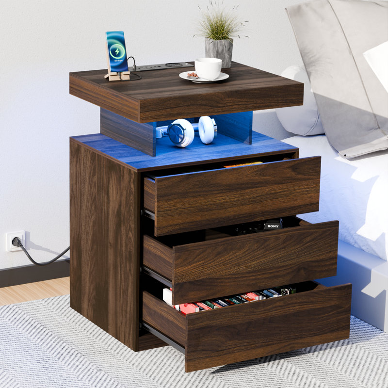 Chappa Manufactured Wood Nightstand with Wireless Charging Station, LED Lights and 3 Drawers, Walnut