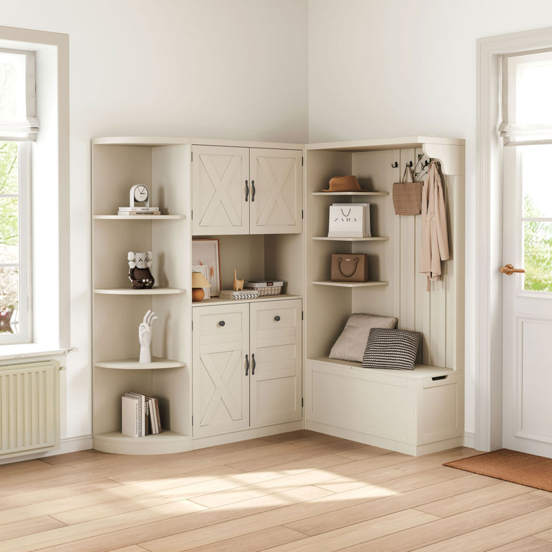 Multi-functional Hall Tree With Storage Shelves, Cabinet, And Bench – Can Be Used Separately, Beige