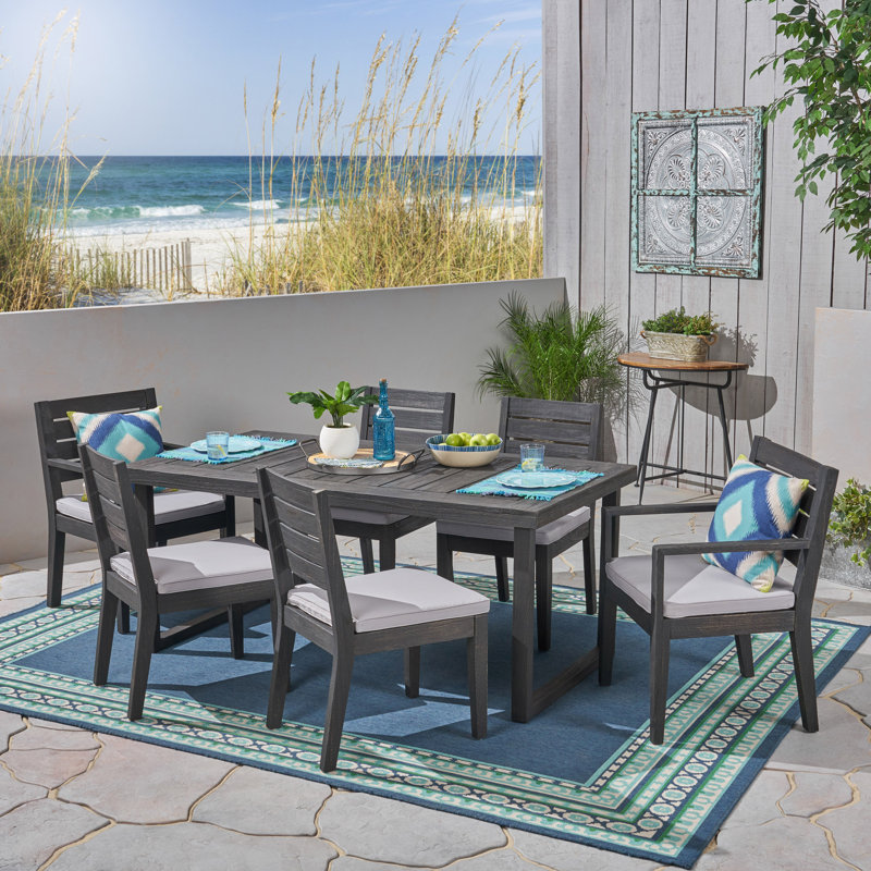 Ensemble repas 7 pièces avec coussins Ajoloko, Structure gris foncé / Coussin gris clair