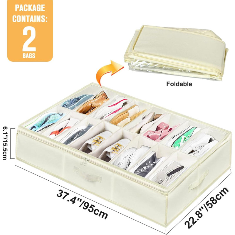 32 Pairs Shoe Organizer Under Bed, Sturdy Underbed Shoe Storage Boxes Bins, Organizador De Zapatos, Zapateras Organizer, Beige, Set Of 2