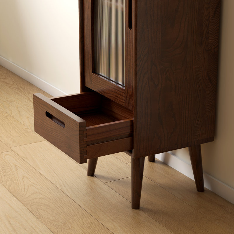 Armoire décorative Mid-Century moderne en chêne massif 39 po avec 2 tiroirs, porte cannelée, Chêne brun, H 39,4 po