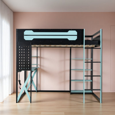 Full Size Wood Loft Bed With Desk, Shelves, Power Outlet & USB/Type-C Ports, , And RGB Light