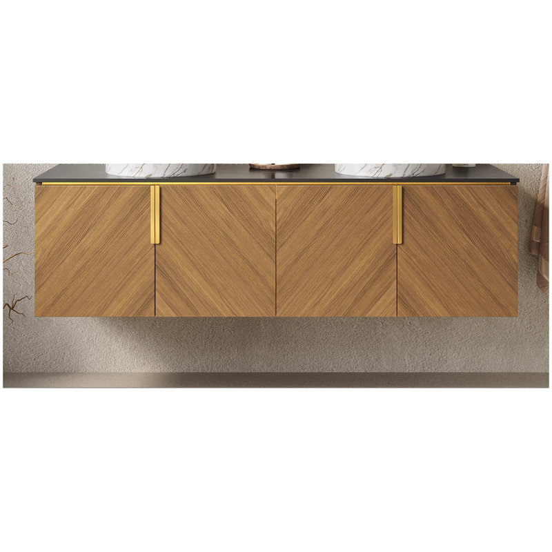 60" ARAI Black Sintered Stone with Stone Pattern Countertop and Brown Oak Cabinet, NO Basin, NO Faucet and Sink Cover