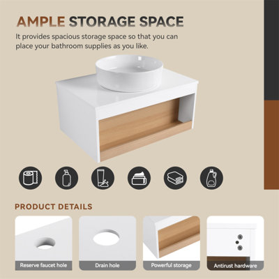 Meuble-lavabo flottant de 30 po avec lavabo vasque rond blanc brillant, meuble-lavabo mural avec tablette de rangement ouverte et comptoir durable, conception moderne peu encombrante