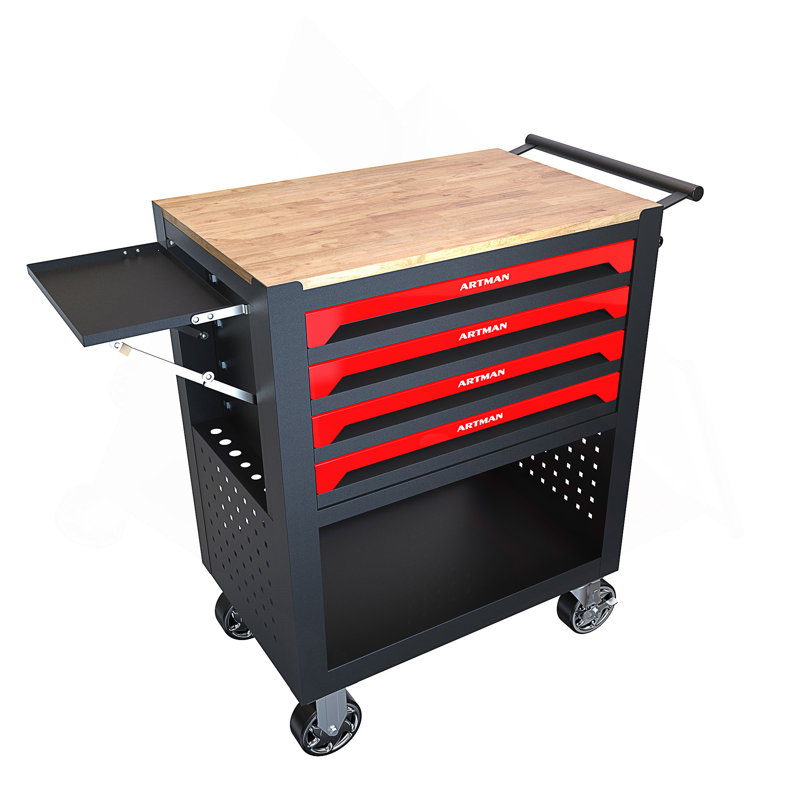 Chariot à outils multifonctionnel à 4 tiroirs avec roulettes et plateau en bois