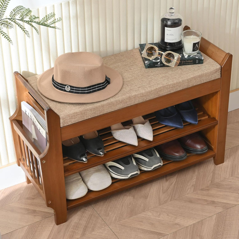 Banc de rangement en bambou pour chaussures avec tiroir caché et support latéral, range-chaussures à 2 niveaux pour l'entrée, le couloir et le salon