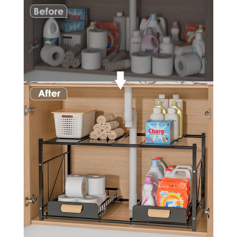 Organisateur extensible sous l'évier, tablette d'armoire réglable à 2 niveaux avec design rétractable pour le rangement de la cuisine et de la salle de bain