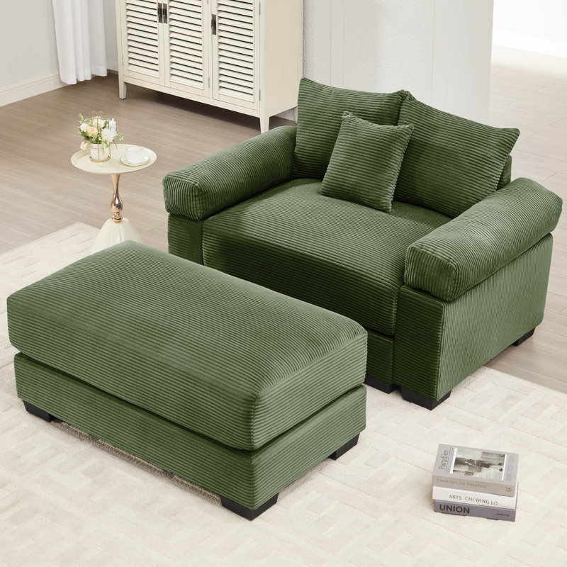 Canapé rembourré en velours côtelé avec repose-pieds, Vert