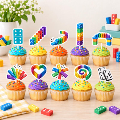 Domino Chain Reaction Club Cupcake Toppers, Rainbow Domino Birthday Picks