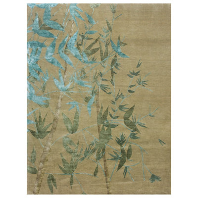 Tapis rectangulaire en laine / soie noué à la main bleu / brun / vert