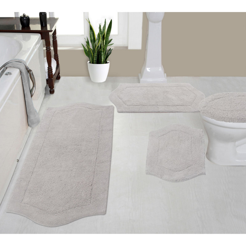 Delean 100% Cotton Bath Rug, Non-Slip, Quick Dry, Machine Washable, Ultra Absorbent - 4 Piece Set, Light Grey