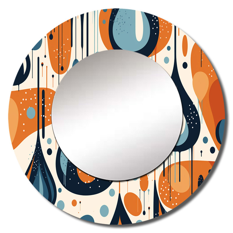 Orange orange Midcentury Balance I - miroir mural décoratif formes abstraites, miroir rond moderne, impression d'art en métal