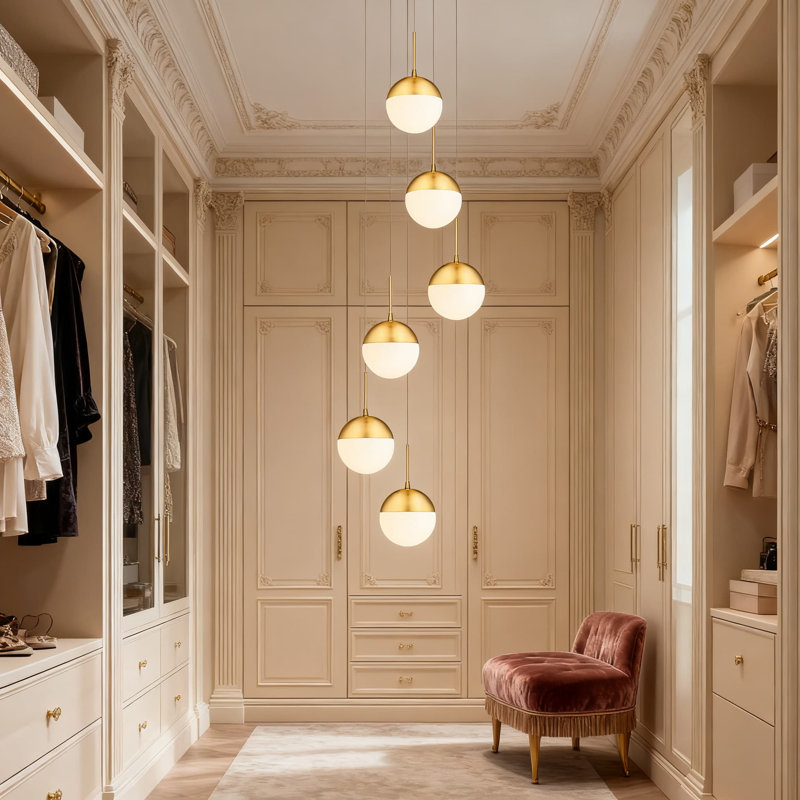 Lustre moderne à 6 lumières à intensité variable avec télécommande et hauteur réglable en verre opale à finition dorée pour salle à manger