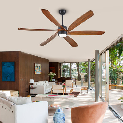Ventilateur de plafond en bois massif à 6 pales avec lumière, design décoratif moderne