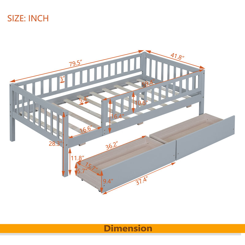 Twin Size Daybed Wood Bed With Two Drawers, Gray